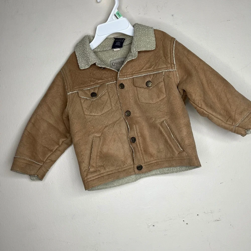 OshKosh B'gosh Jacket Toddler 2T Brown Faux Suede Sherpa Lined Trucker Coat